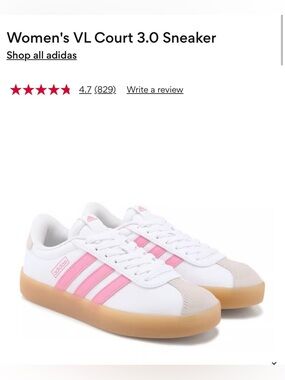 adidas Women's VL Court 3.0 Sneaker - White with Pink Stripes and Gum Sole